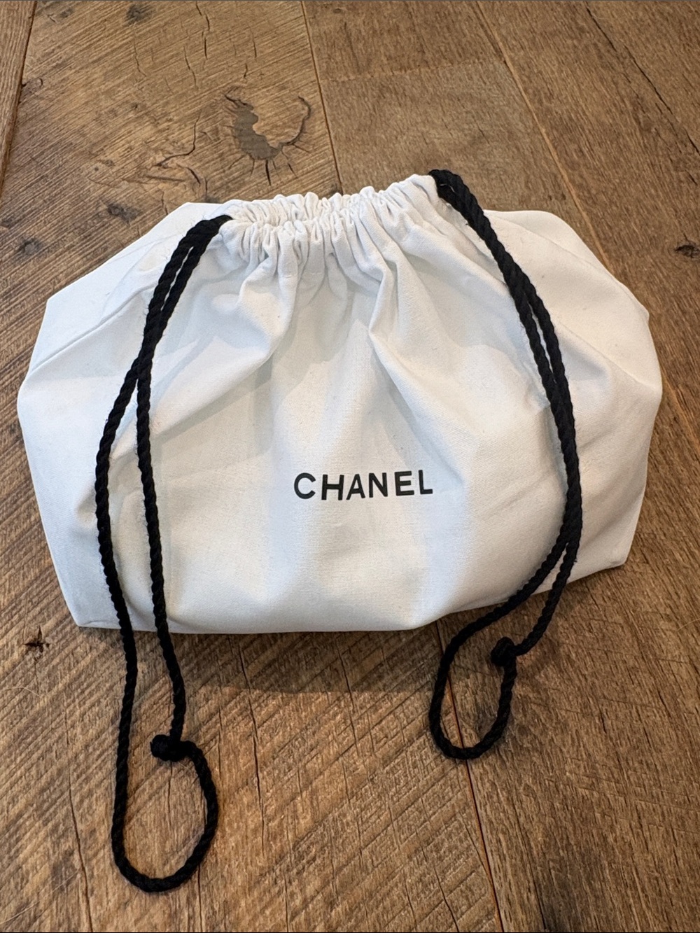 CHANEL White Drawstring Dust Bag with Black Rope